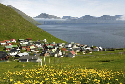 Ein kleines Dorf mit bunten D�chern in Sommer mit Blumen in Vordergrund und den Meer in Hintergrund