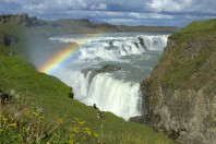 Der Gullfoss Wasserfall mit einen kleinen Regenbogen und L�wenzahn in Vordergrund